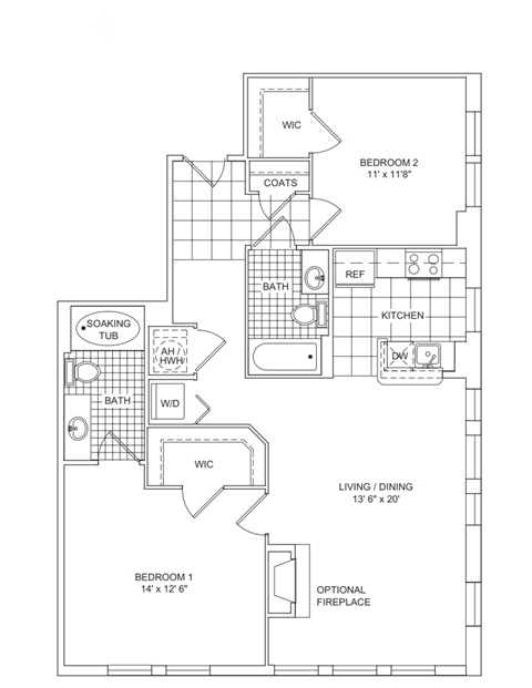 Floor plan for 2 beds, 2 baths, 1018 sqft